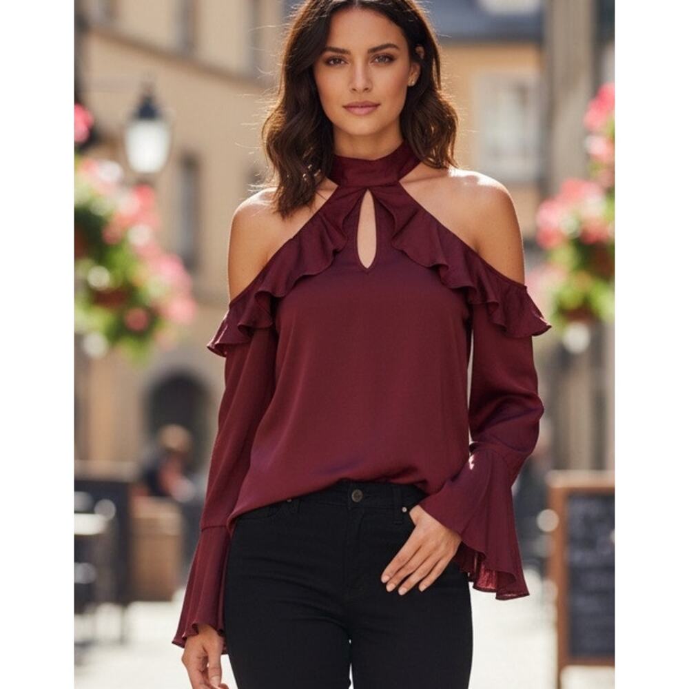 NWOT Belle Sky shoulder satin open shoulder ruffle blouse